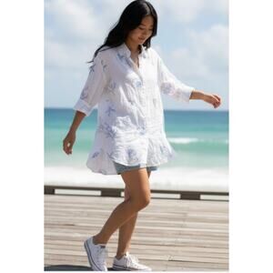Blue Island White Seashell Print Oversized Shirt size Small